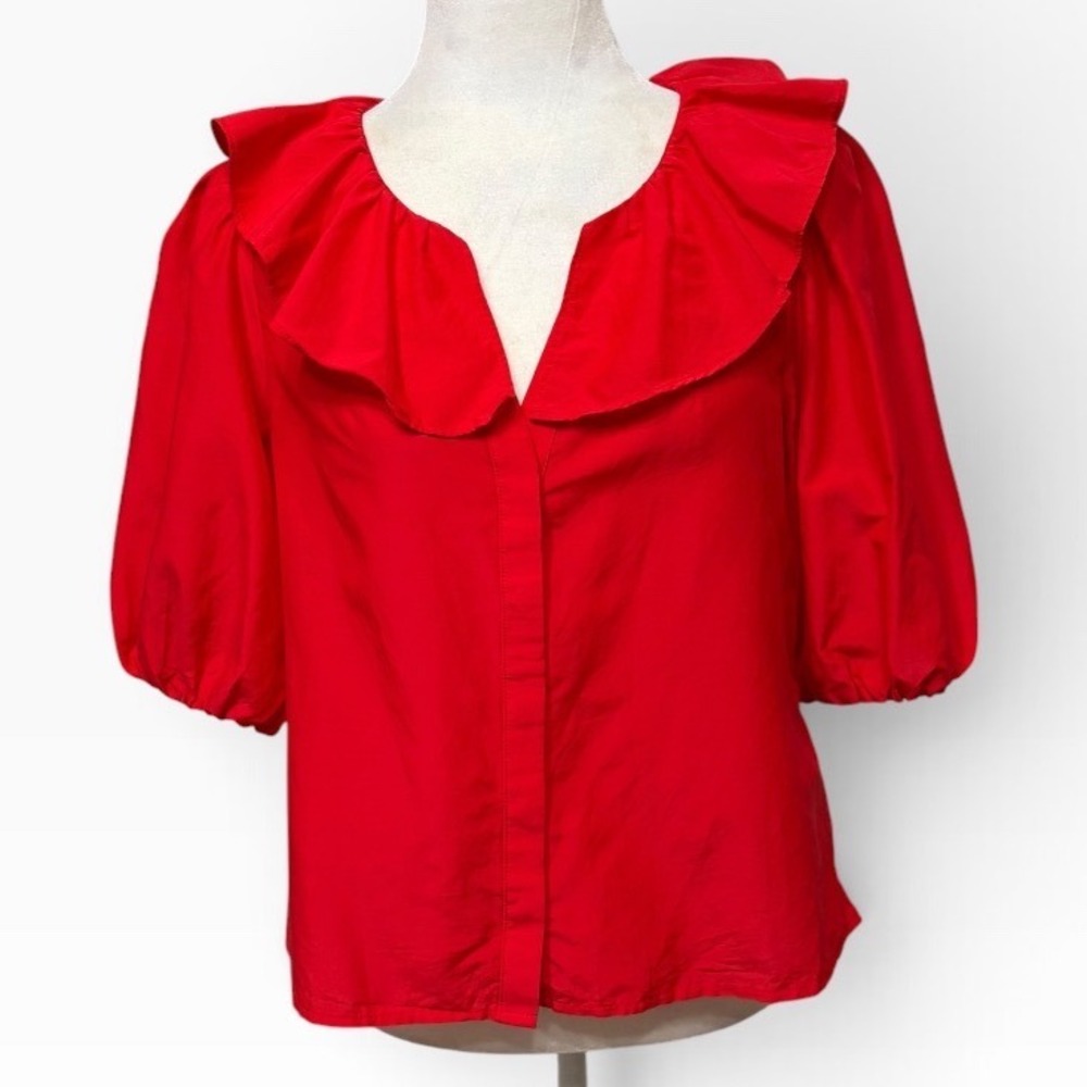 Madewell Red Ruffle Collar Puff Sleeve Silk Blend Blouse Women's Size S